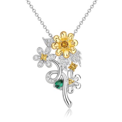 "Happy Day" Daisy Yellow Topaz 925 Sterling Silver Two Tone Necklace