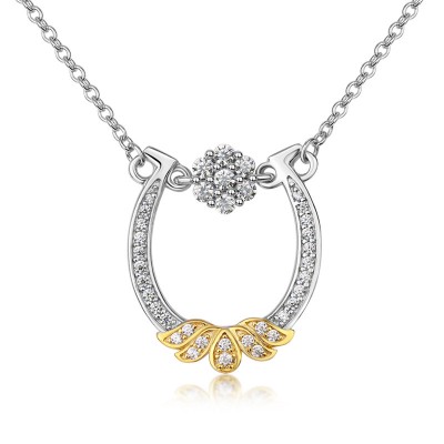 Round Cut White Sapphire 925 Sterling Silver Horseshoe Two Tone Necklace