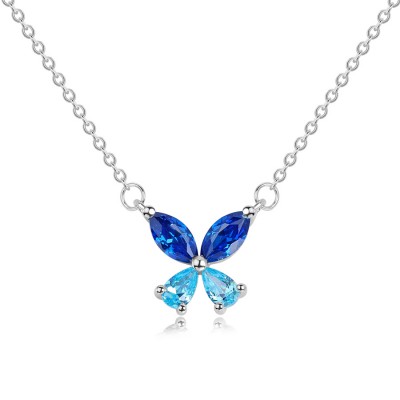 Dainty Blue Sapphire and Aquamarine 925 Sterling Silver Butterfly Necklace