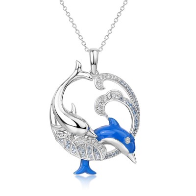 "Unstoppable Love" 925 Sterling Silver Double Dolphins Enamel Necklace