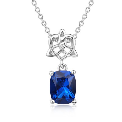 Celtic Cushion Cut Blue Sapphire 925 Sterling Silver Trinity Knot Heart Necklace