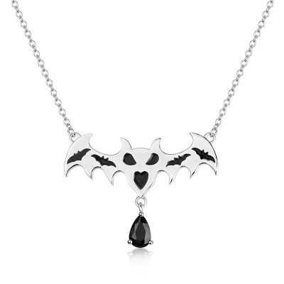 Halloween Pear Cut Black Sapphire 925 Sterling Silver Bat Necklace