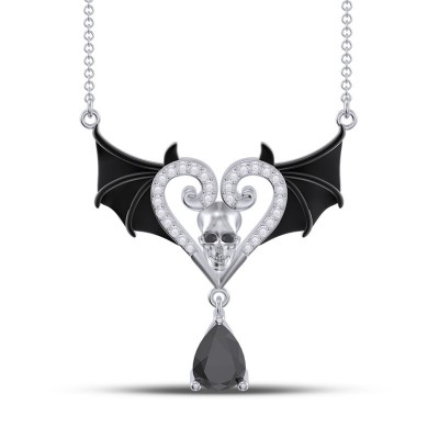 Heart Shape Black Sapphire 925 Sterling Silver Skull Bat Necklace