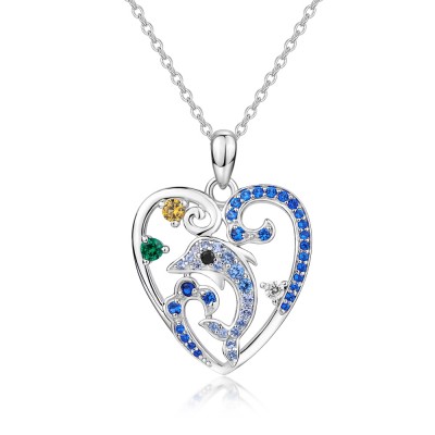 Heart Shape Blue Sapphire 925 Sterling Silver Dolphin Necklace