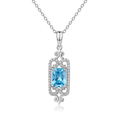Radiant Cut Aquamarine 925 Sterling Silver Halo Necklace