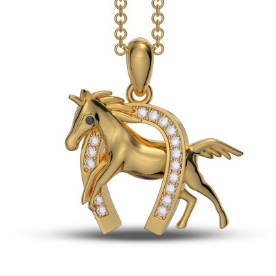Yellow Gold White Sapphire 925 Sterling Silver Horse Necklace