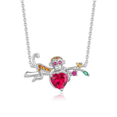 Heart Cut Ruby 925 Sterling Silver Monkey Necklace