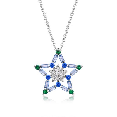 Stylish White Sapphire 925 Sterling Silver Two Geometric Star Necklace