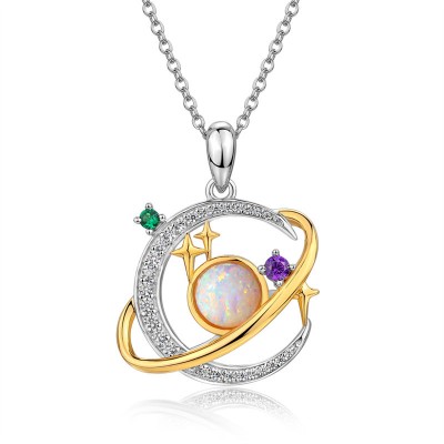 Two Tone Opal 925 Sterling Silver Moon and Star Planet Necklace