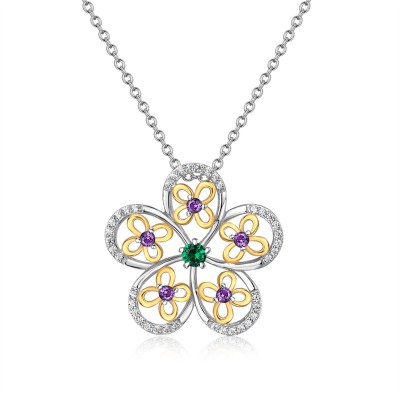 Delicate Emerald 925 Sterling Silver Two Tone Flower Necklace