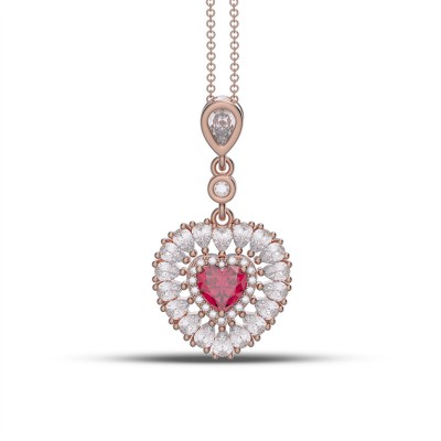 Rose Gold Heart Cut Ruby 925 Sterling Silver Double Halo Necklace