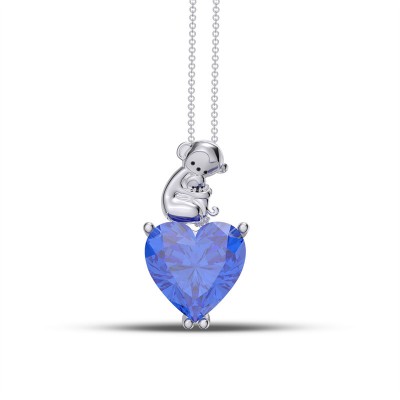Heart Cut Blue Sapphire 925 Sterling Silver Mom and Baby Monkey Necklace