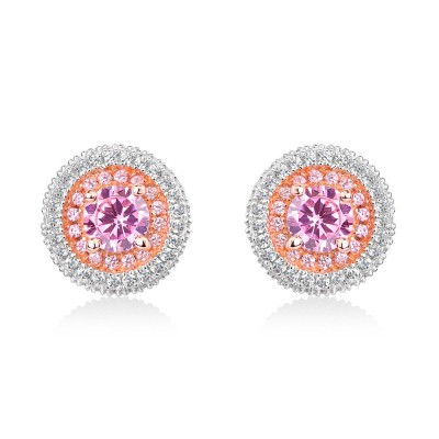 Round Cut Pink Sapphire Sterling Silver Double Halo Stud Earrings