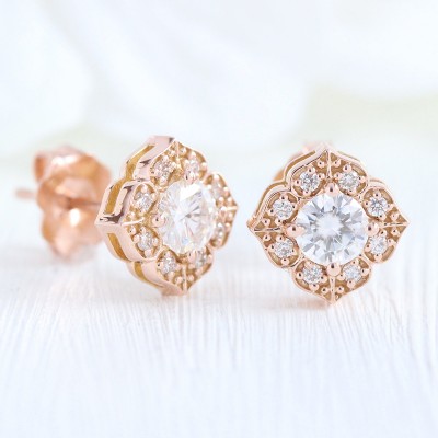 Vintage Round Cut White Sapphire 925 Sterling Silver Floral Halo Rose Gold Stud Earrings
