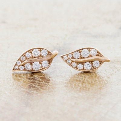 Leaf Round Cut White Sapphire 925 Sterling Silver Rose Gold Stud Earrings