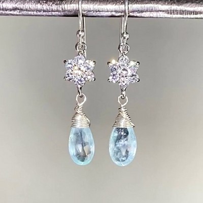 Floral Aquamarine 925 Sterling Silver Dangle Drop Earrings