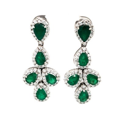 Pear Cut Emerald 925 Sterling Silver Halo Drop Earrings