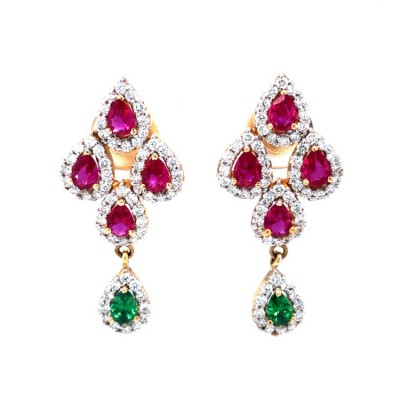 Pear Cut Emerald and Pink Sapphire 925 Sterling Silver Gold Halo Drop Earrings