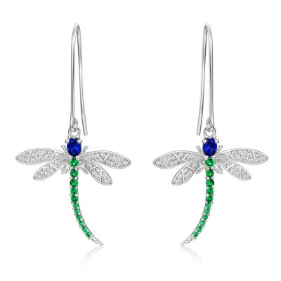 Dainty Blue Sapphire and Emerald 925 Sterling Silver Dragonfly Earrings