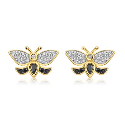 Gold White and Black Sapphire 925 Sterling Silver Bee Stud Earrings