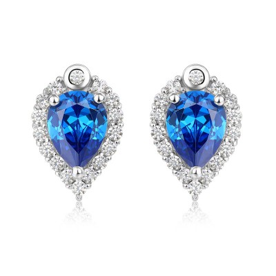 Pear Cut Blue Sapphire Sterling Silver Halo Stud Earrings