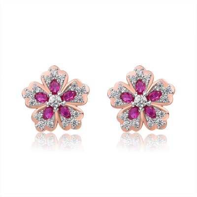 Rose Gold Pink Sapphire 925 Sterling Silver Flower Stud Earrings