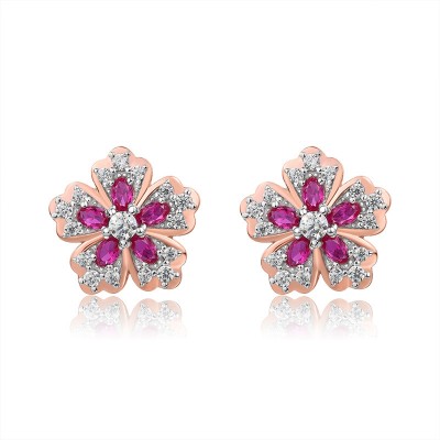 Rose Gold Pink Sapphire 925 Sterling Silver Flower Stud Earrings