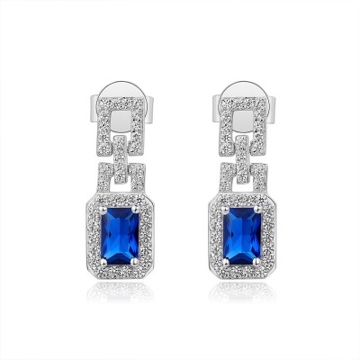 Radiant Cut Blue Sapphire 925 Sterling Silver Halo Drop Earrings