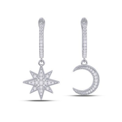Round Cut White Sapphire 925 Sterling Silver Moon and Star Earrings