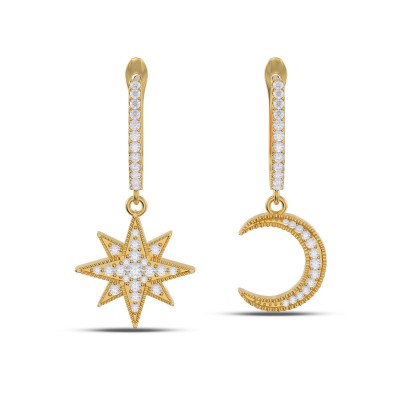 Yellow Gold Round Cut White Sapphire 925 Sterling Silver Moon and Star Earrings