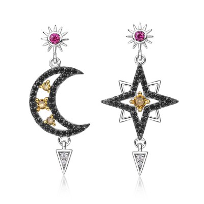 Black Sapphire 925 Sterling Silver Moon and Star Earrings