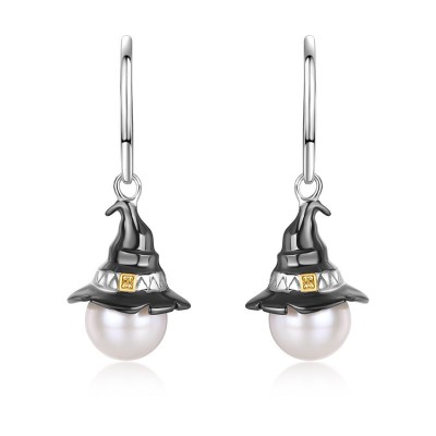 Halloween Round Pearl 925 Sterling Silver Witch Hat Earrings