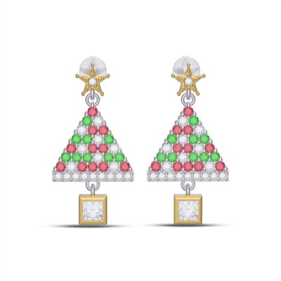 Princess Cut White Sapphire 925 Sterling Silver Christmas Tree Drop Earrings