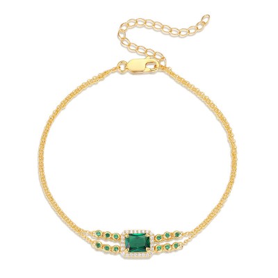Yellow Gold Radiant Cut Emerald Sterling Silver Halo Bracelet