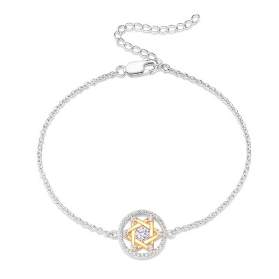 Round Cut White Sapphire Sterling Silver Gold Hexagram Bracelet