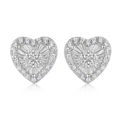 Genuine Round Cut White Sapphire 925 Sterling Silver Heart Halo Stud Earrings