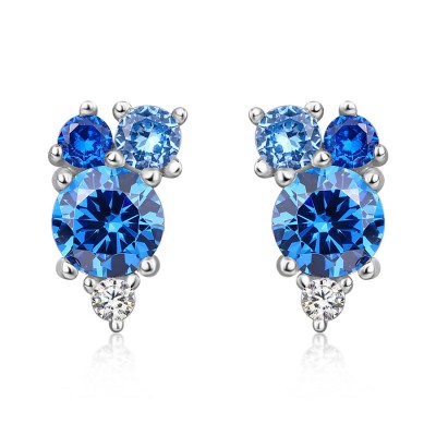 Round Cut Blue Sapphire Aquamarine 925 Sterling Silver Hydrangea Bouquet Stud Earrings