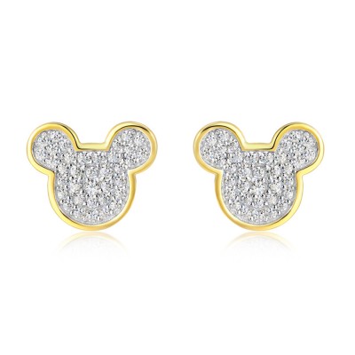 Mickey Mouse Glitter Round Cut White Sapphire 925 Sterling Silver Yellow Gold Stud Earrings