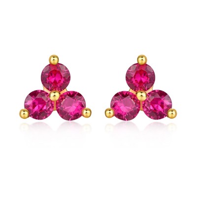 Genuine Round Cut Ruby Cluster 925 Sterling Silver Yellow Gold Stud Earrings