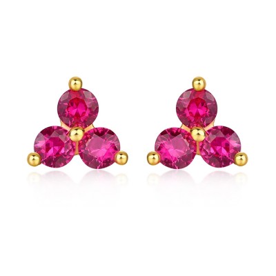 Genuine Round Cut Ruby Cluster 925 Sterling Silver Yellow Gold Stud Earrings