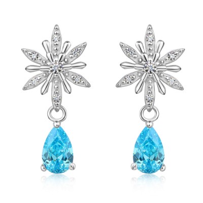 Pear Cut Aquamarine Elsa Snowflake 925 Sterling Silver Drop Earrings