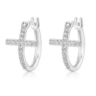 Round Cut White Sapphire 925 Sterling Silver Cross Hoop Earrings