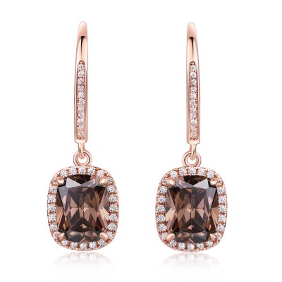Cushion Cut Chocolate 925 Sterling Silver Rose Gold Halo Drop Earrings