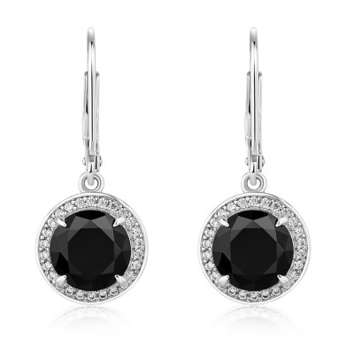Round Cut Black and White Sapphire 925 Sterling Silver Halo Drop Earrings