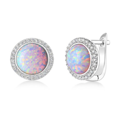 Round Cut Opal 925 Sterling Silver Halo Stud Earrings