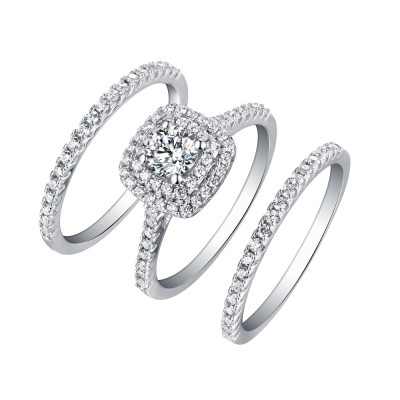 Round Cut White Sapphire 3 Piece 925 Sterling Silver Halo Ring Sets