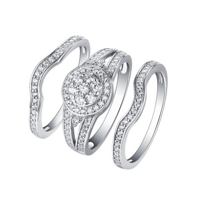 Round Cut 925 Sterling Silver White Sapphire 3 Piece Halo Ring Sets