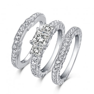 Princess Cut S925 Silver White Sapphire 3-Stone 3 Piece Ring Sets
