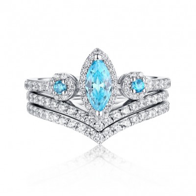 Marquise Cut Aquamarine & White Sapphire S925 Silver 3 Piece Ring Sets