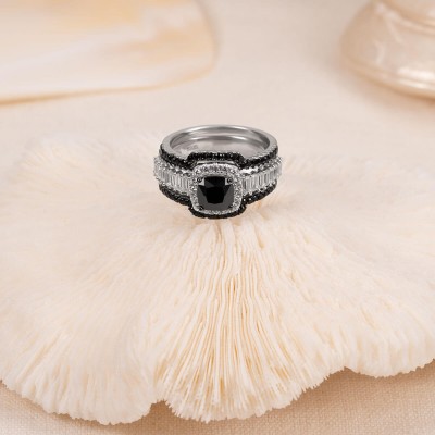 Cushion Cut Black Saphire Sterling Silver 3-Piece Halo Bridal Sets